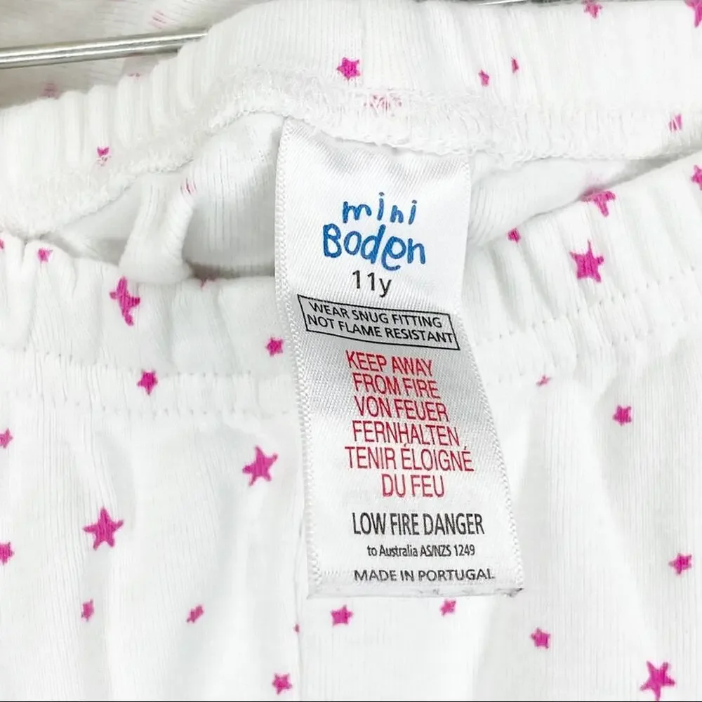 Girls Mini Boden White Pink Stars Pajama Set 11Y